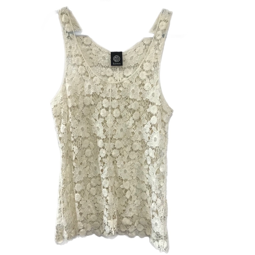 Bobeau Ivory Open Knit Crochet Lace Tunic